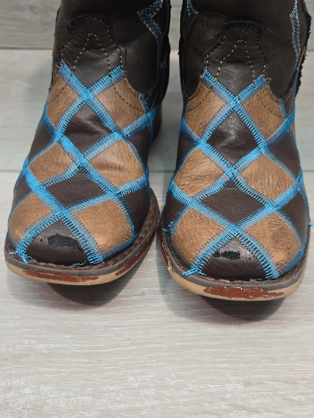Roper Kids Girl Tall Leather Western Boots with Blue Stitch Plaid Shoes Sz 11